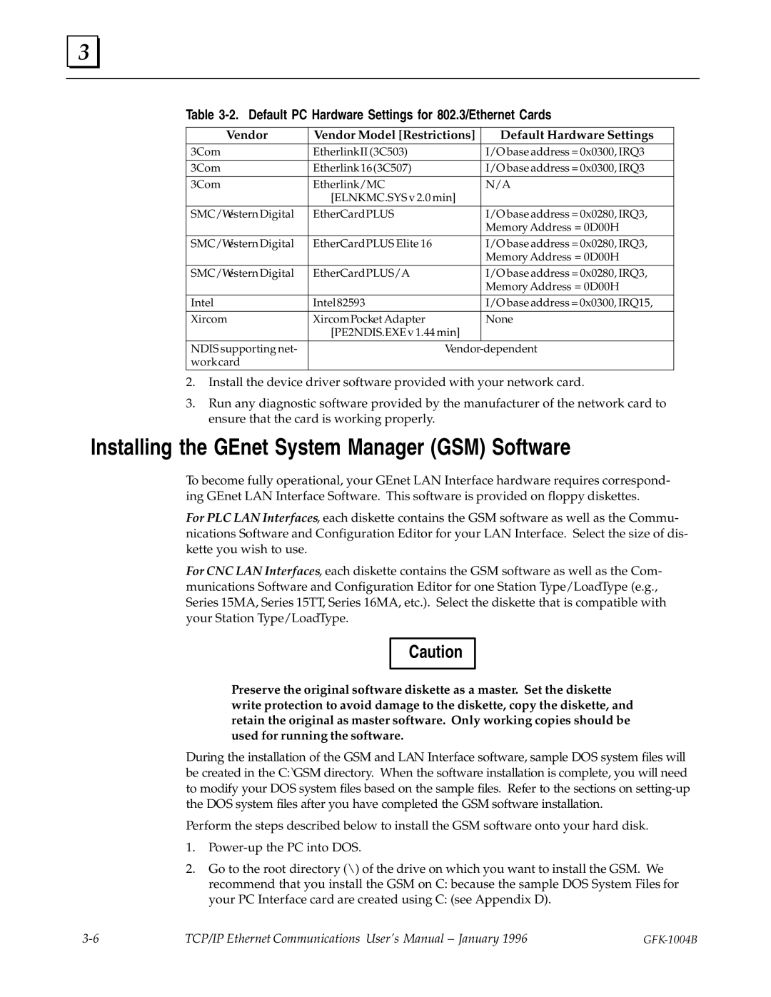 GE GFK-1004B Installing the GEnet System Manager GSM Software, Default PC Hardware Settings for 802.3/Ethernet Cards 