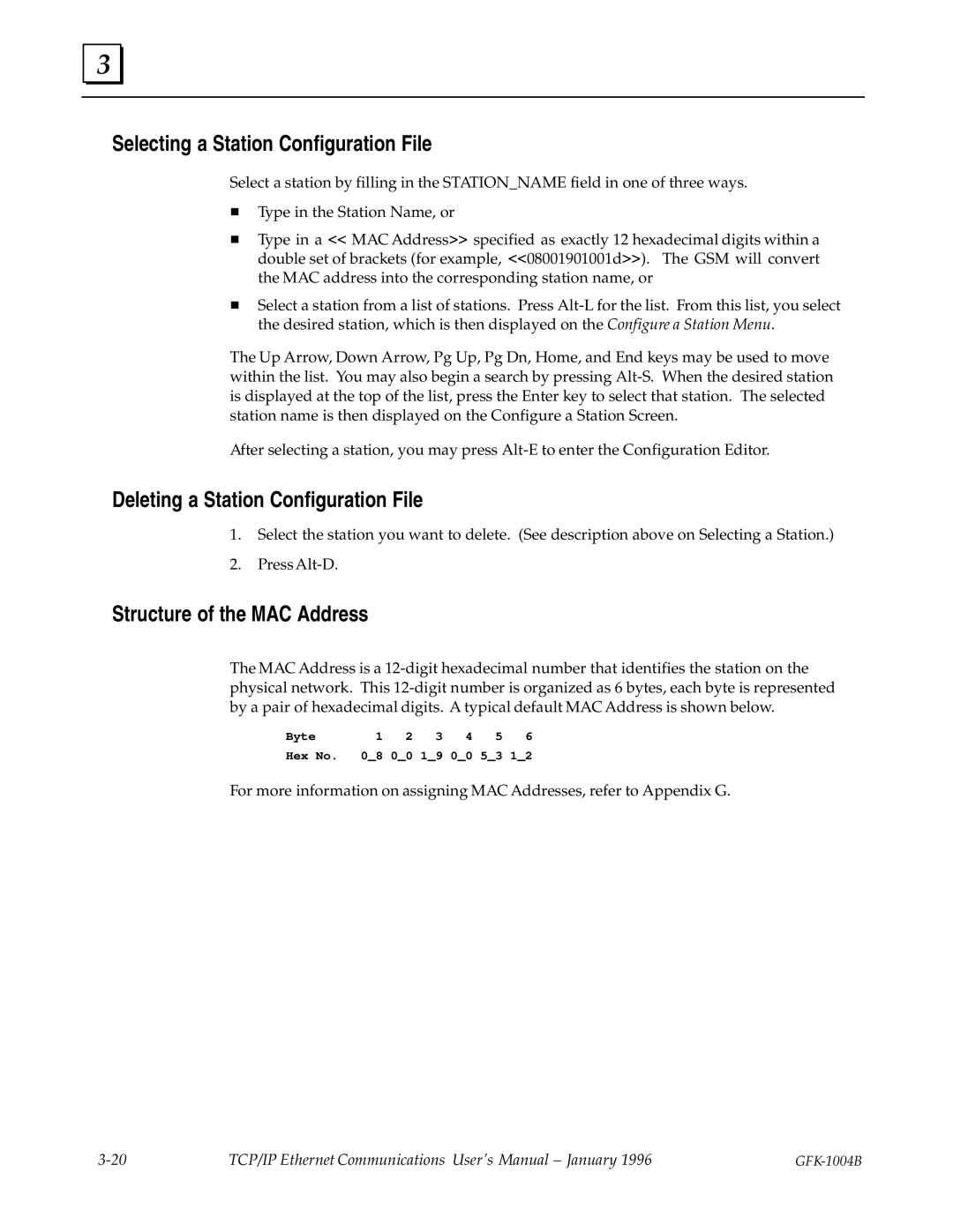 GE GFK-1004B Selecting a Station Configuration File, Deleting a Station Configuration File, Structure of the MAC Address 