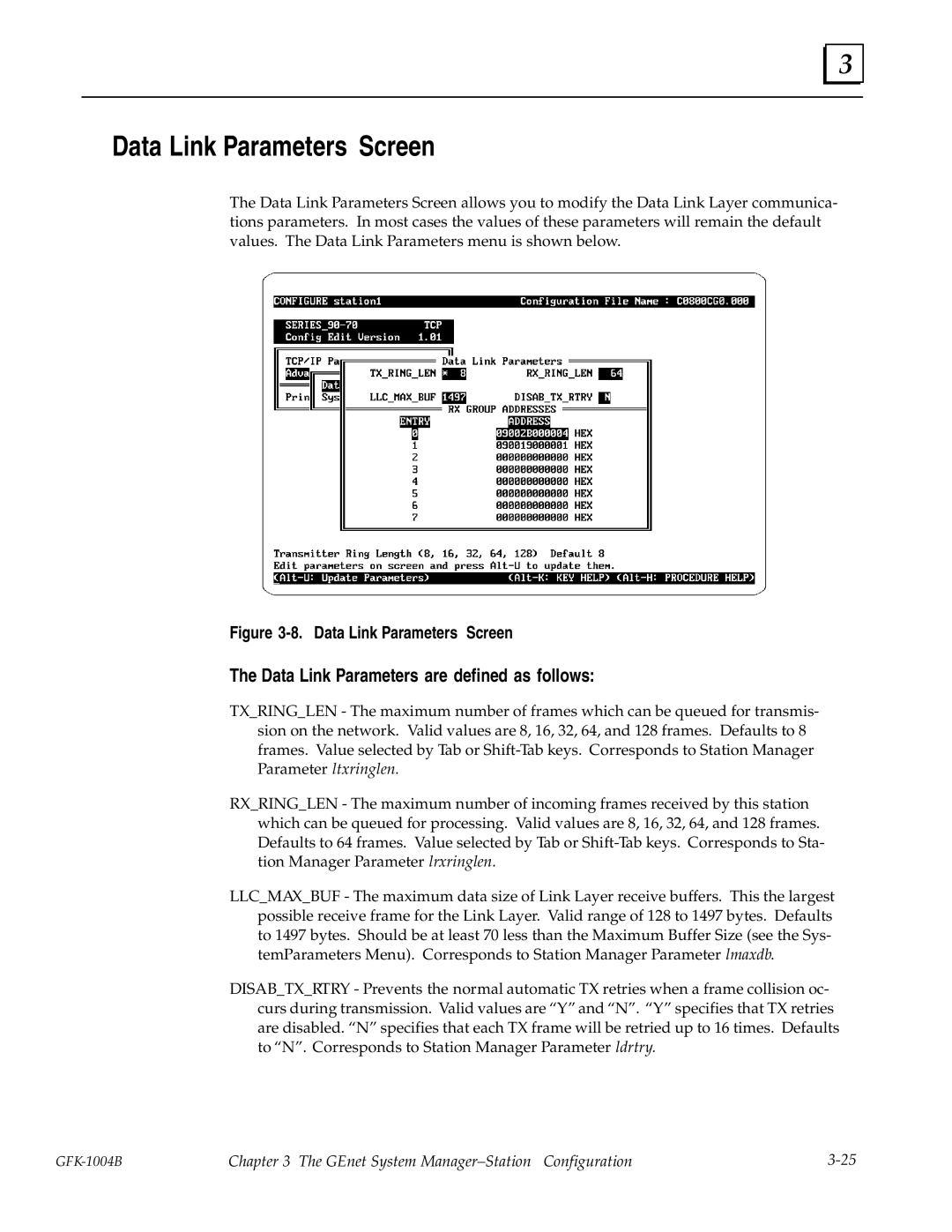 GE GFK-1004B user manual Data Link Parameters Screen, Data Link Parameters are defined as follows 