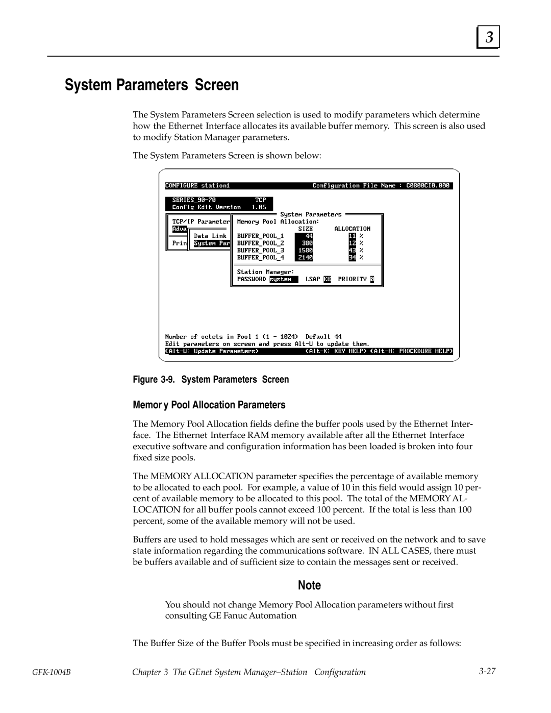 GE GFK-1004B user manual System Parameters Screen, Memor y Pool Allocation Parameters 