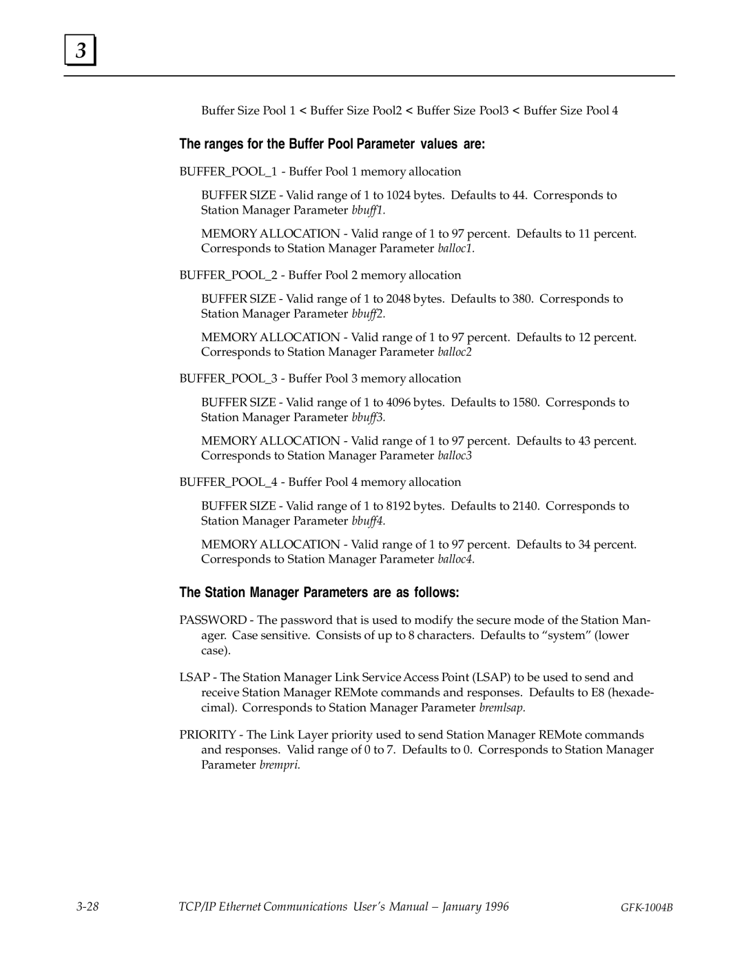 GE GFK-1004B user manual Ranges for the Buffer Pool Parameter values are, Station Manager Parameters are as follows 