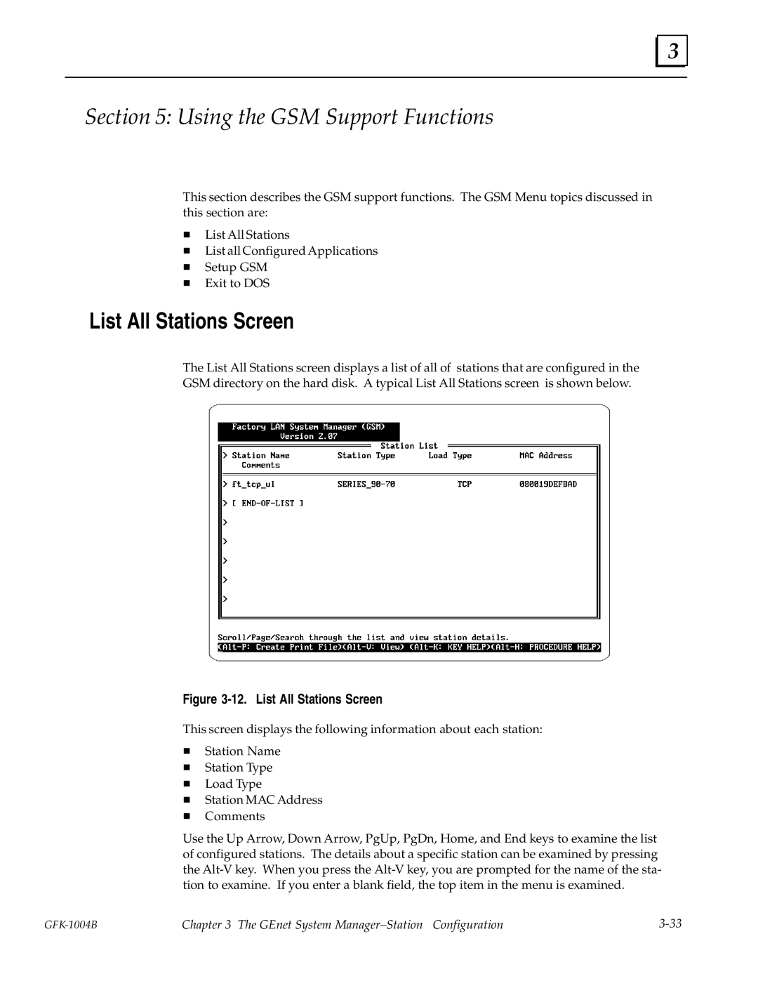 GE GFK-1004B user manual Using the GSM Support Functions, List All Stations Screen 