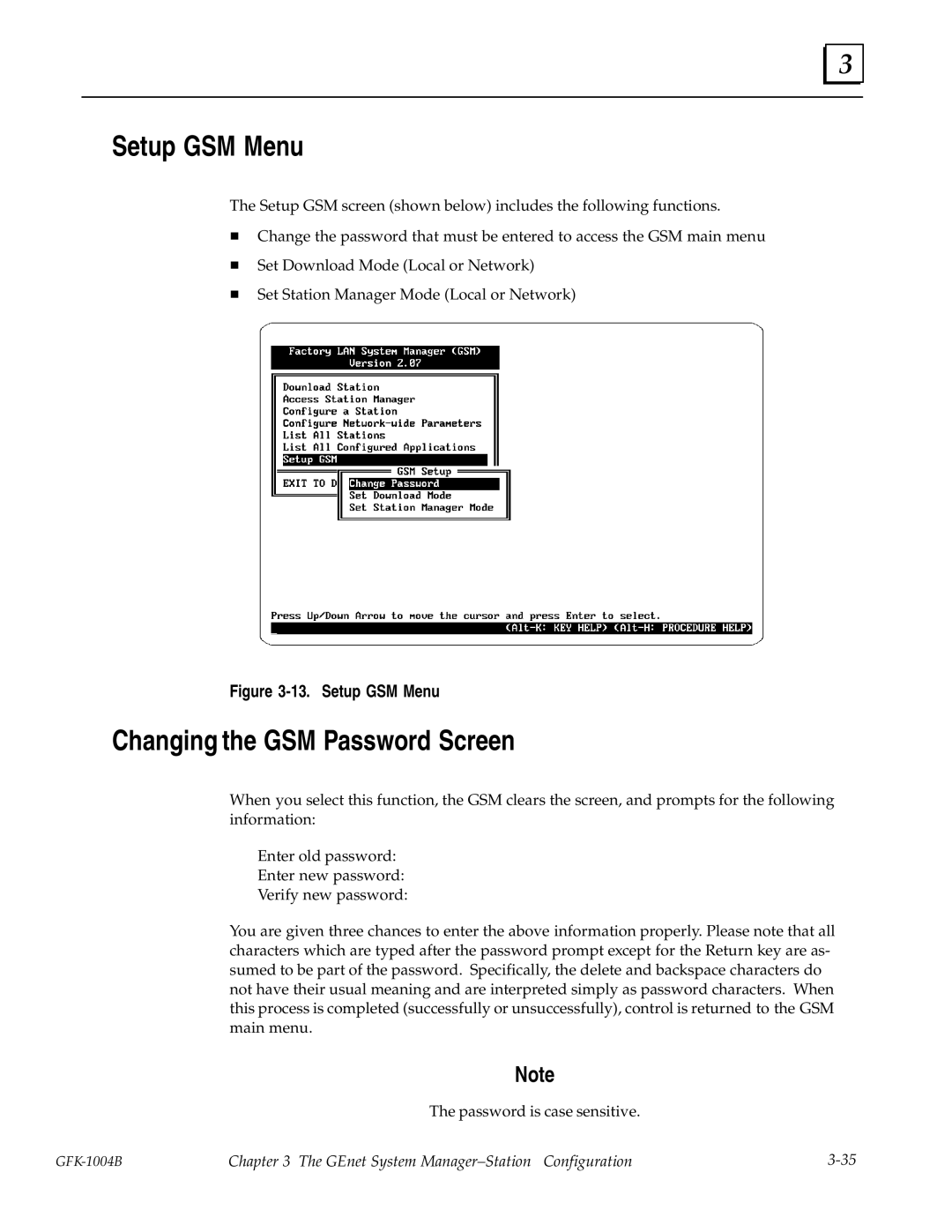 GE GFK-1004B user manual Setup GSM Menu, Changing the GSM Password Screen 