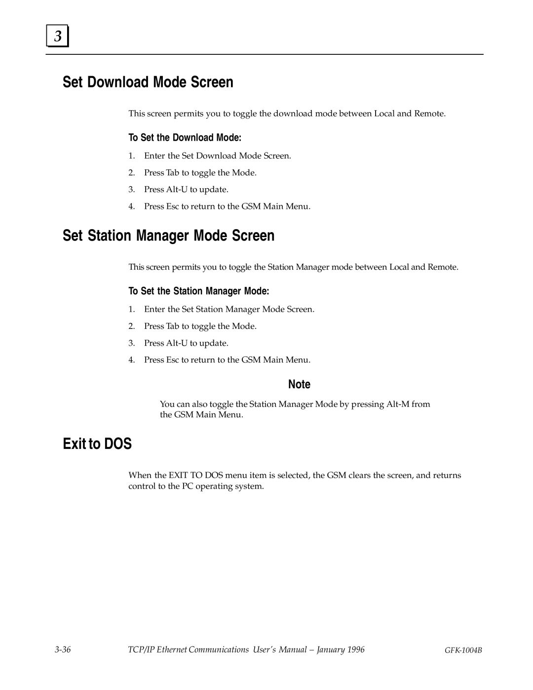 GE GFK-1004B user manual Set Download Mode Screen, Set Station Manager Mode Screen, Exit to DOS, To Set the Download Mode 