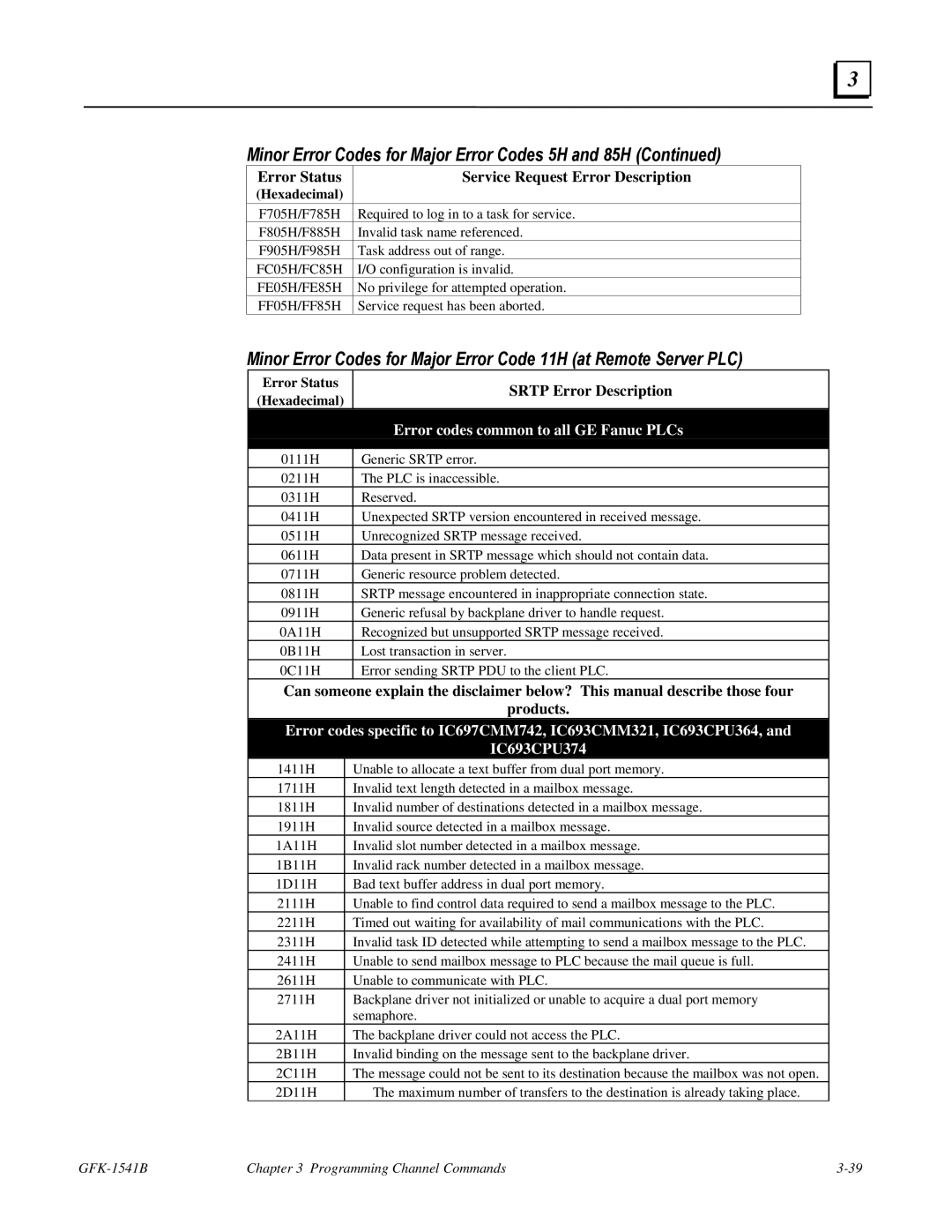 GE GFK-1541B manual Minor Error Codes for Major Error Codes 5H and 85H, Srtp Error Description 