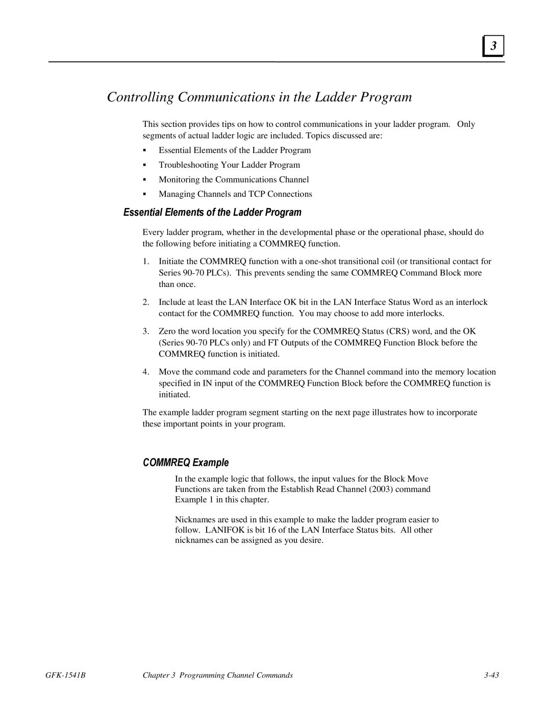 GE GFK-1541B Controlling Communications in the Ladder Program, Essential Elements of the Ladder Program, Commreq Example 