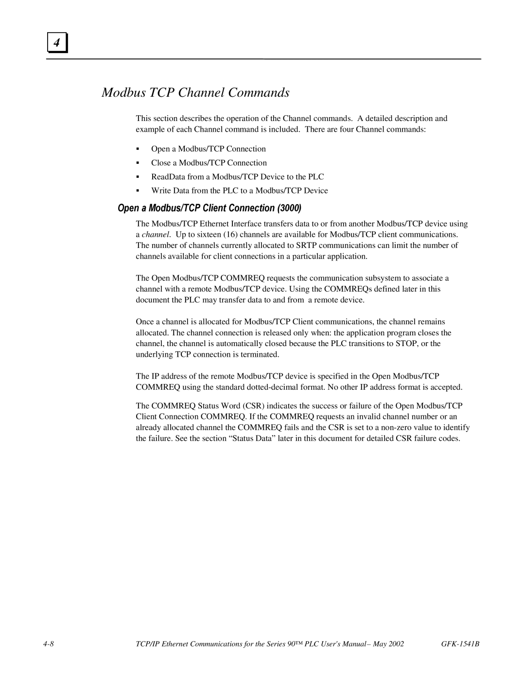 GE GFK-1541B manual Modbus TCP Channel Commands, Open a Modbus/TCP Client Connection 