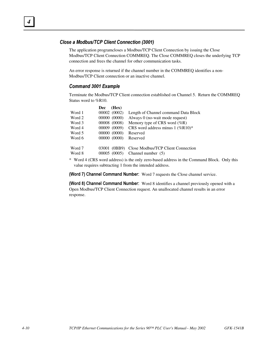 GE GFK-1541B manual Close a Modbus/TCP Client Connection, Command 3001 Example 