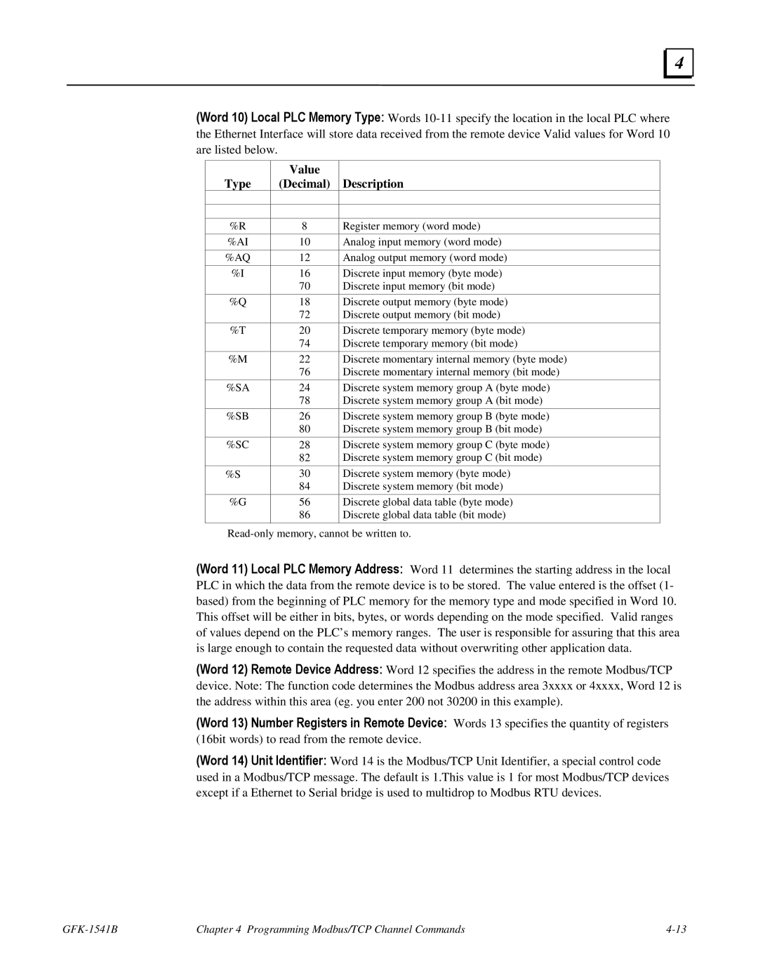 GE GFK-1541B manual Value Type Decimal Description 