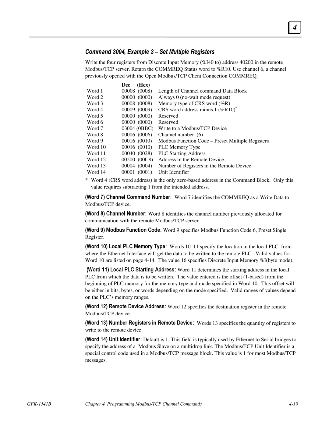 GE GFK-1541B manual Command 3004, Example 3 Set Multiple Registers 