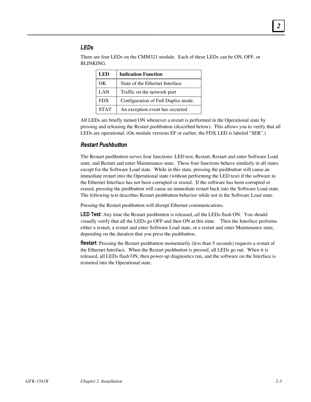 GE GFK-1541B manual LEDs, Restart Pushbutton, Indication Function 