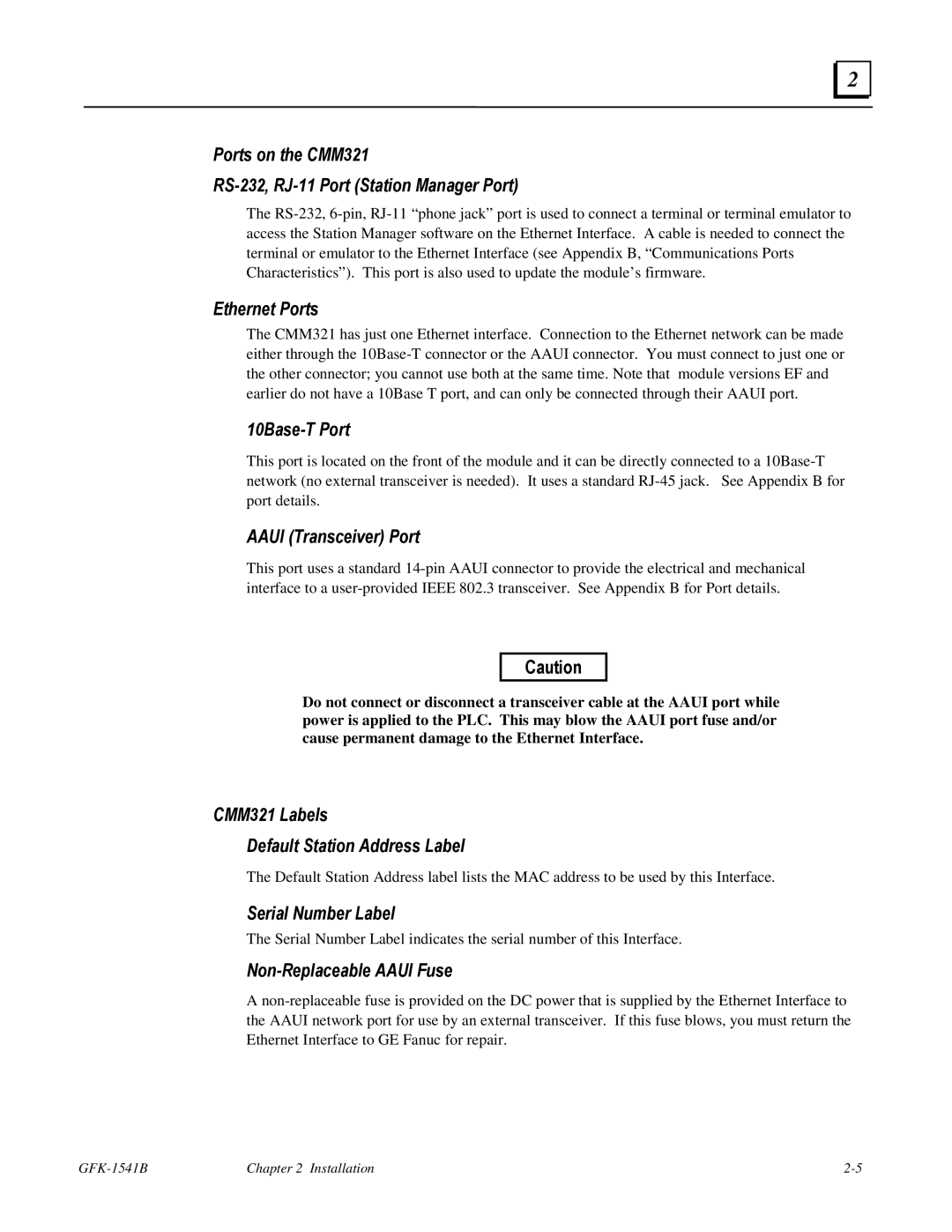 GE GFK-1541B manual Ports on the CMM321 RS-232, RJ-11 Port Station Manager Port, Ethernet Ports, 10Base-T Port 