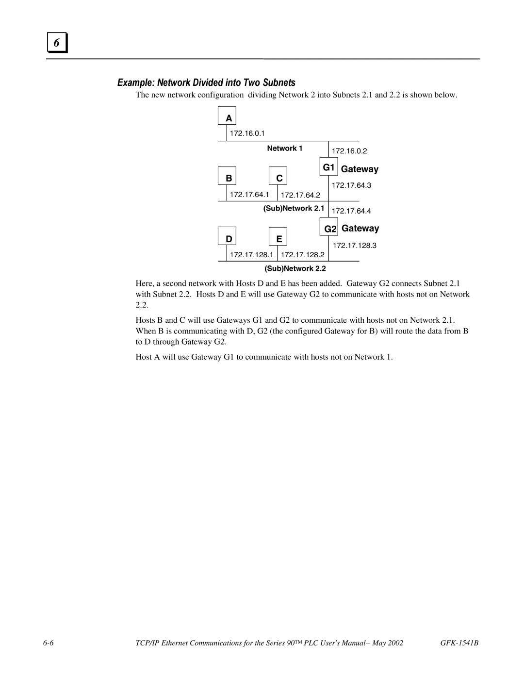 GE GFK-1541B manual Example Network Divided into Two Subnets, Gateway 