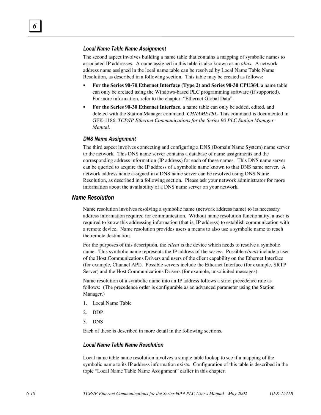 GE GFK-1541B manual Name Resolution, Local Name Table Name Assignment 