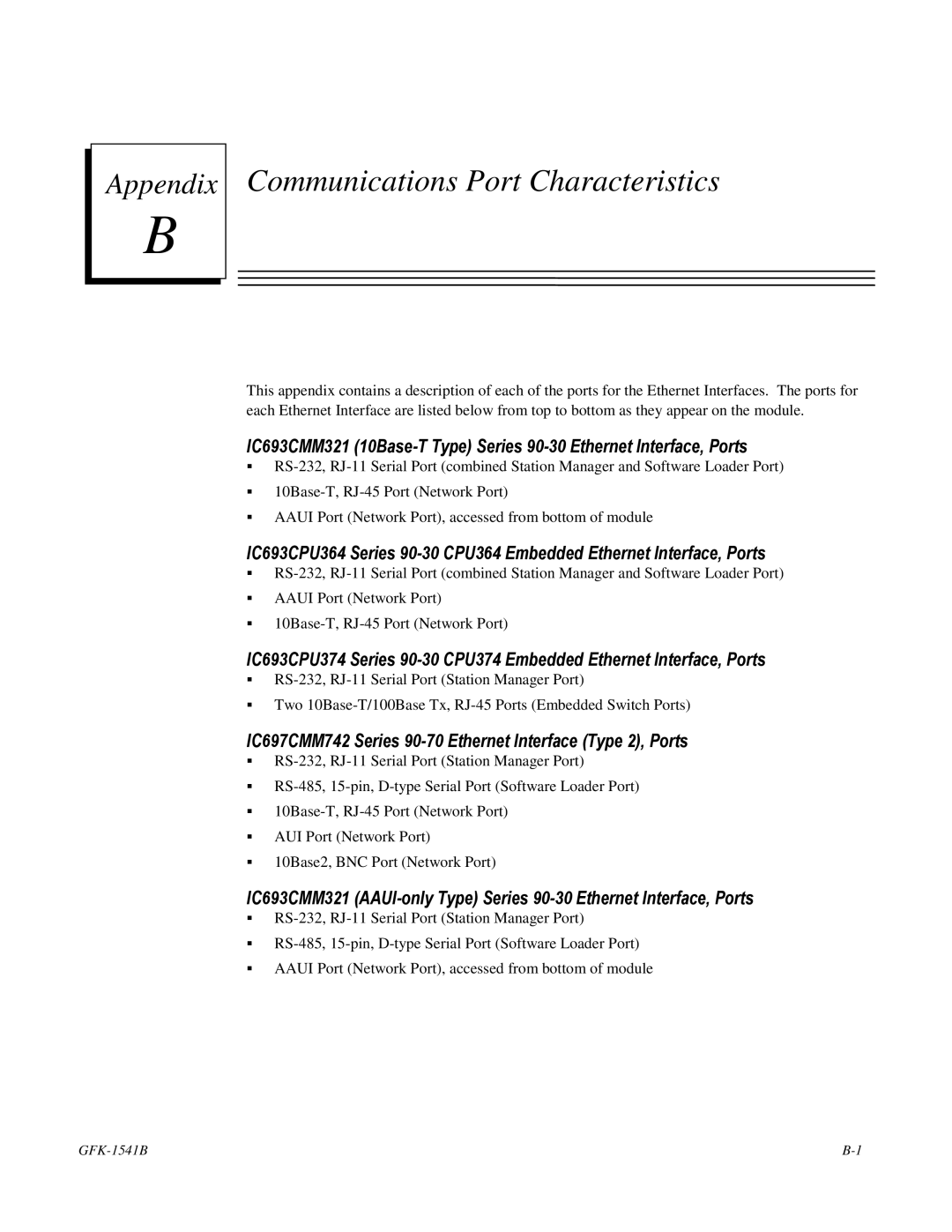 GE GFK-1541B manual Communications Port Characteristics, IC697CMM742 Series 90-70 Ethernet Interface Type 2, Ports 