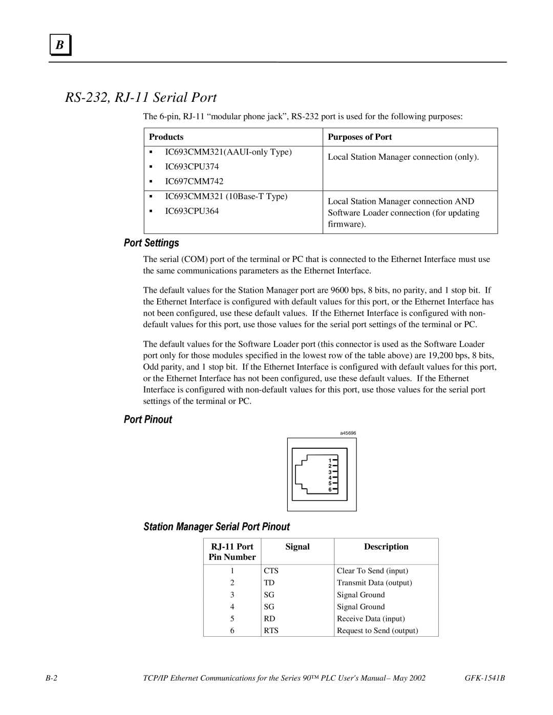 GE GFK-1541B manual RS-232, RJ-11 Serial Port, Port Settings, Station Manager Serial Port Pinout 