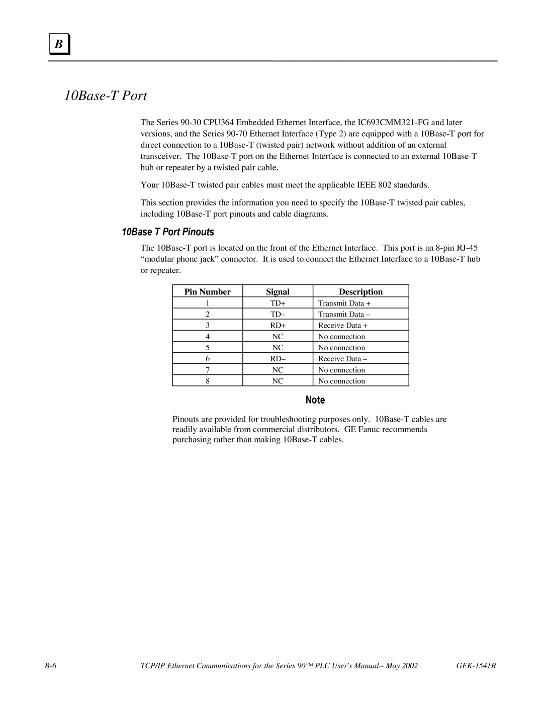 GE GFK-1541B manual 10Base-T Port, 10Base T Port Pinouts, Pin Number Signal Description 