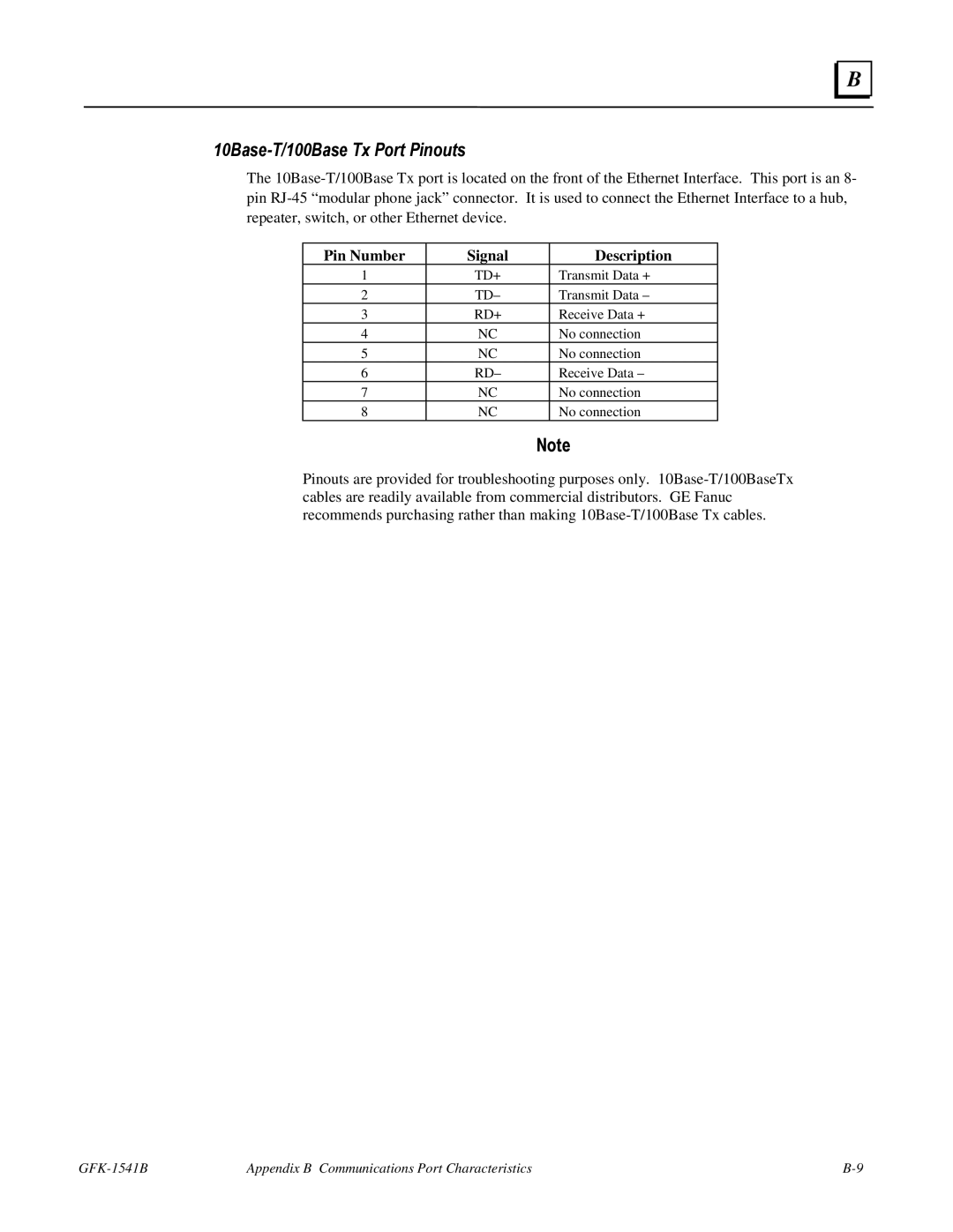 GE GFK-1541B manual 10Base-T/100Base Tx Port Pinouts, Pin Number Signal Description 