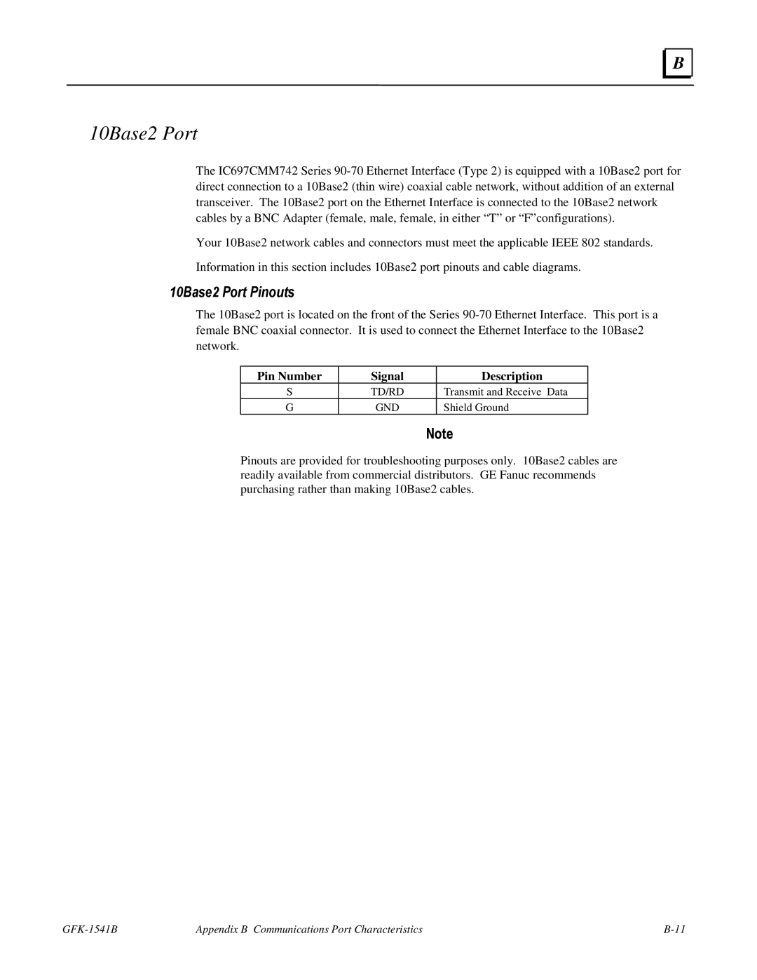 GE GFK-1541B manual 10Base2 Port Pinouts 