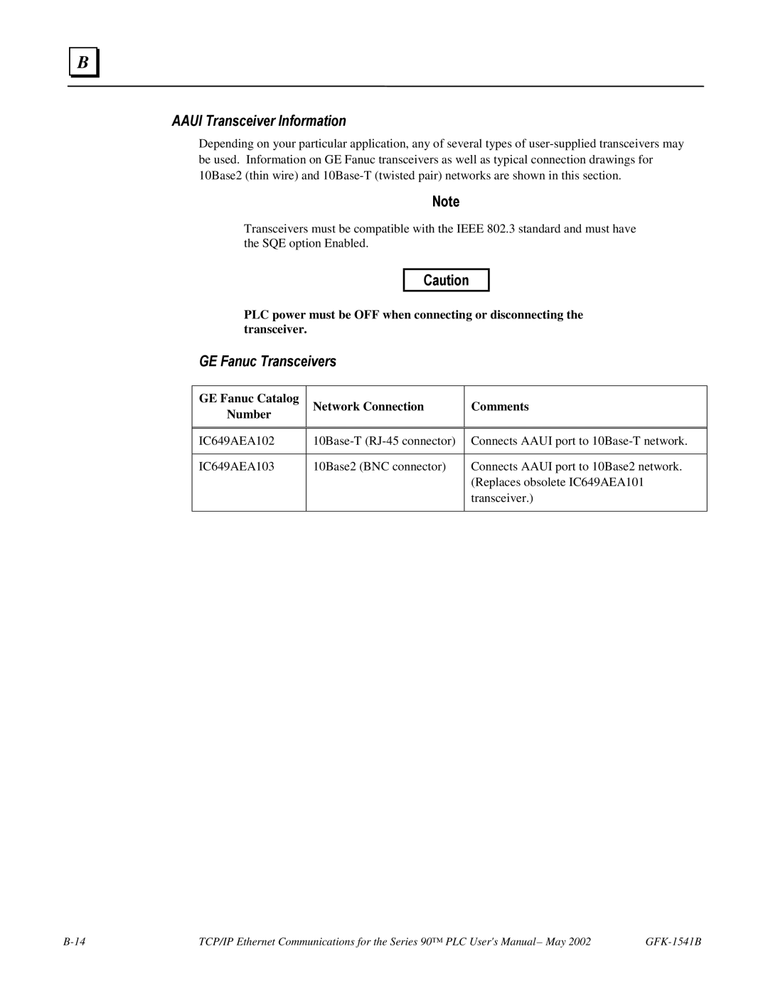 GE GFK-1541B Aaui Transceiver Information, GE Fanuc Transceivers, GE Fanuc Catalog Network Connection Comments Number 