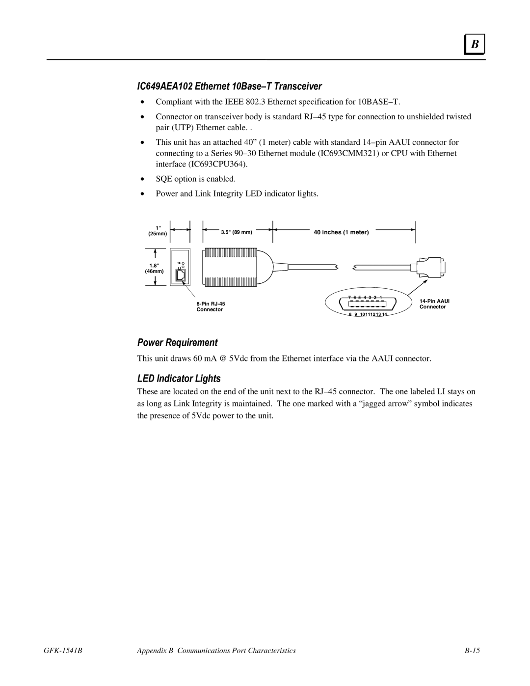 GE GFK-1541B manual IC649AEA102 Ethernet 10Base-T Transceiver, Power Requirement, LED Indicator Lights 