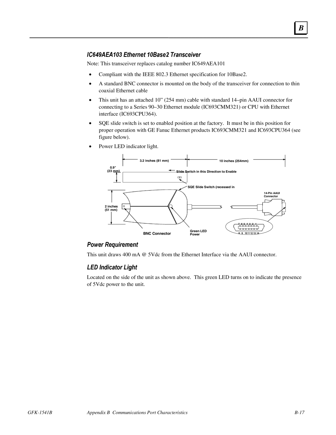 GE GFK-1541B manual IC649AEA103 Ethernet 10Base2 Transceiver, LED Indicator Light 