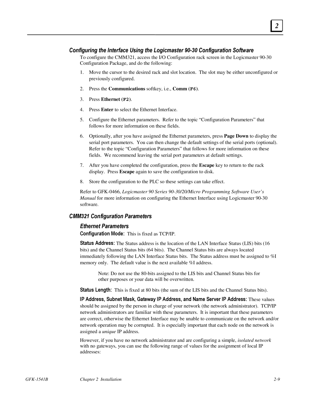 GE GFK-1541B manual CMM321 Configuration Parameters Ethernet Parameters, Press Ethernet F2 