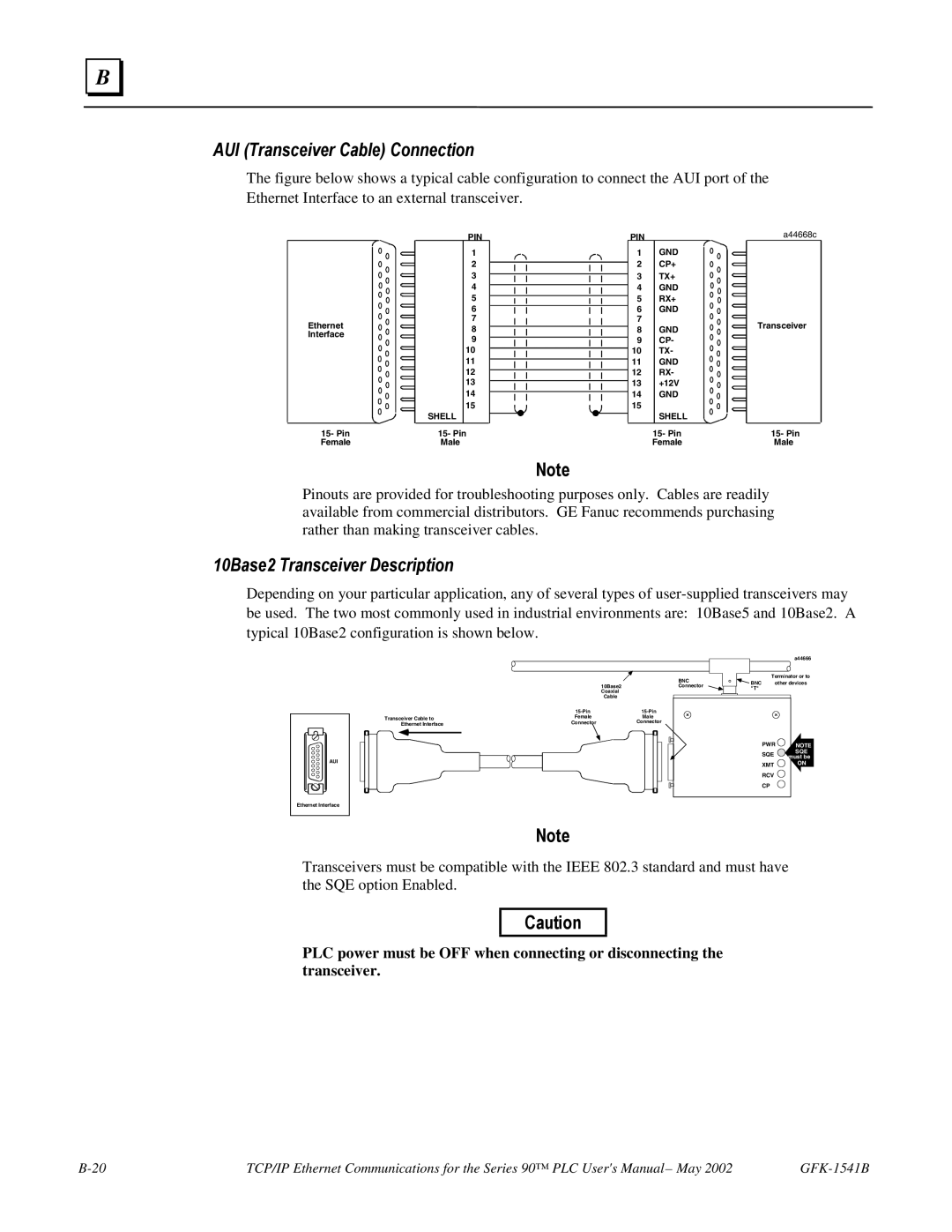 GE GFK-1541B manual AUI Transceiver Cable Connection, 10Base2 Transceiver Description 