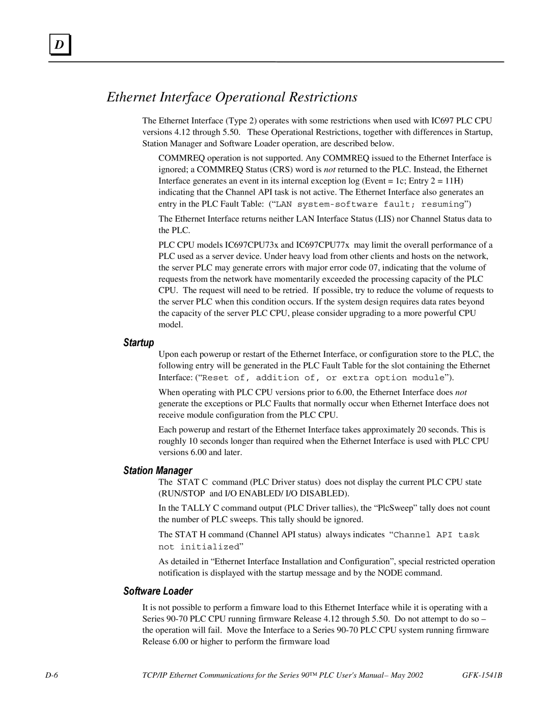 GE GFK-1541B manual Ethernet Interface Operational Restrictions, Startup, Station Manager, Software Loader 