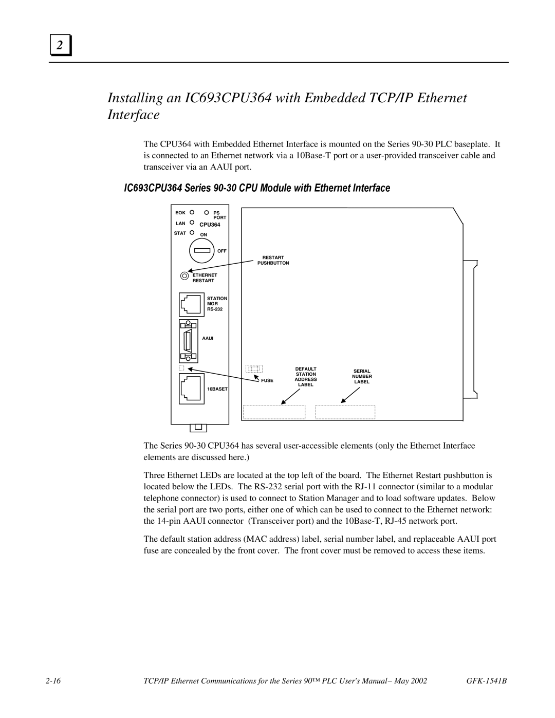 GE GFK-1541B manual IC693CPU364 Series 90-30 CPU Module with Ethernet Interface 