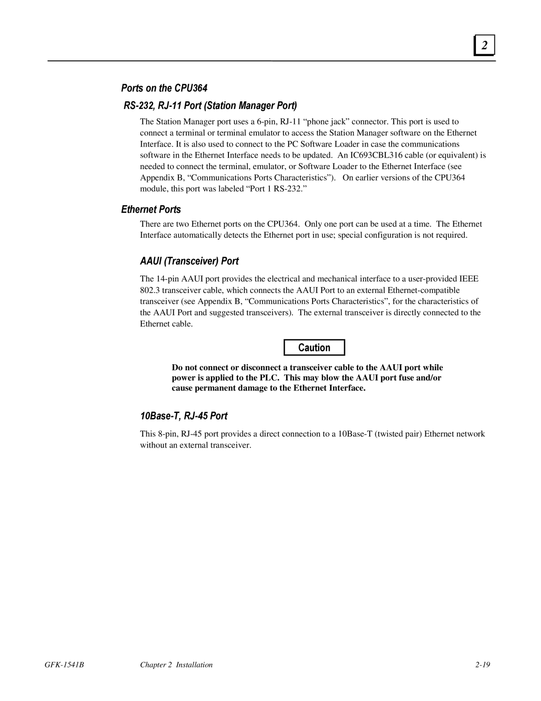 GE GFK-1541B manual Ports on the CPU364 RS-232, RJ-11 Port Station Manager Port, 10Base-T, RJ-45 Port 