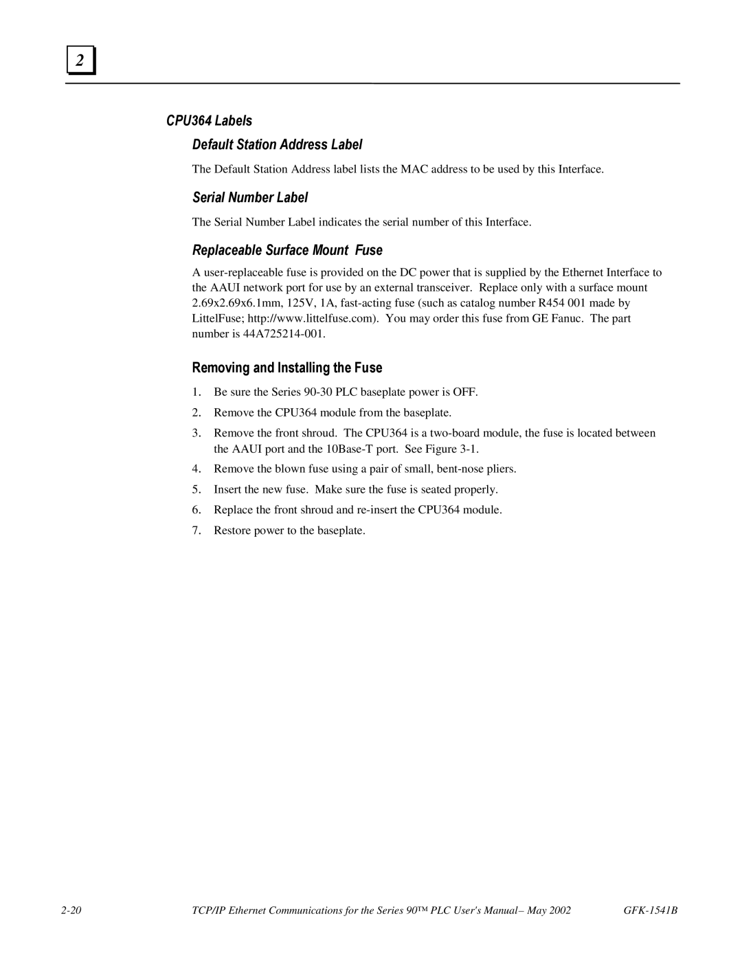 GE GFK-1541B manual CPU364 Labels Default Station Address Label, Replaceable Surface Mount Fuse 