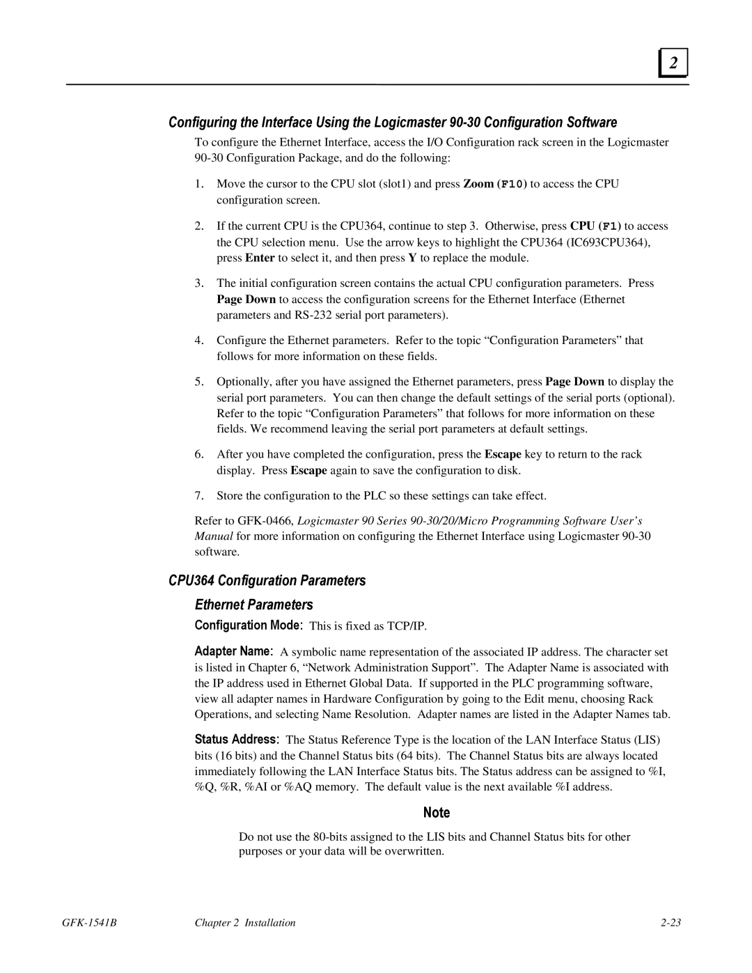 GE GFK-1541B manual CPU364 Configuration Parameters Ethernet Parameters 