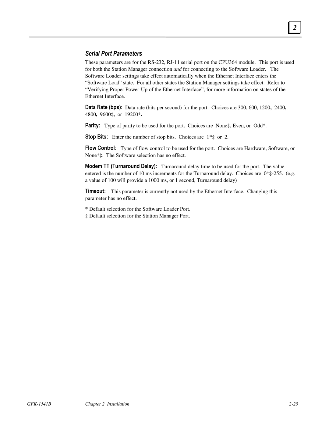 GE GFK-1541B manual Serial Port Parameters 