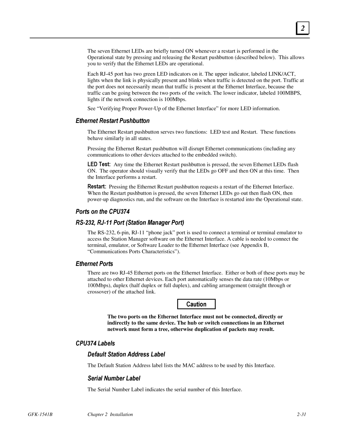 GE GFK-1541B Ports on the CPU374 RS-232, RJ-11 Port Station Manager Port, CPU374 Labels Default Station Address Label 