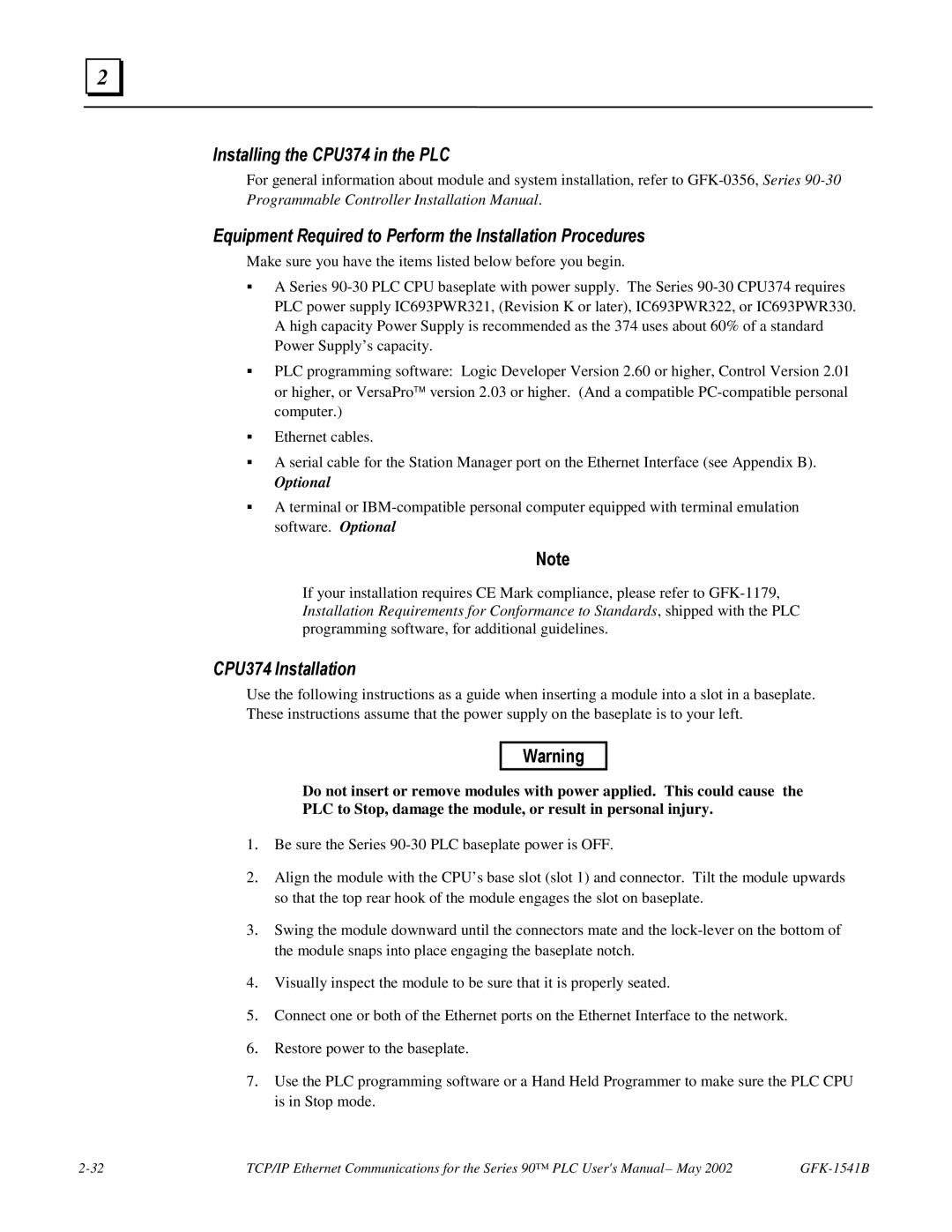 GE GFK-1541B manual Installing the CPU374 in the PLC, CPU374 Installation 