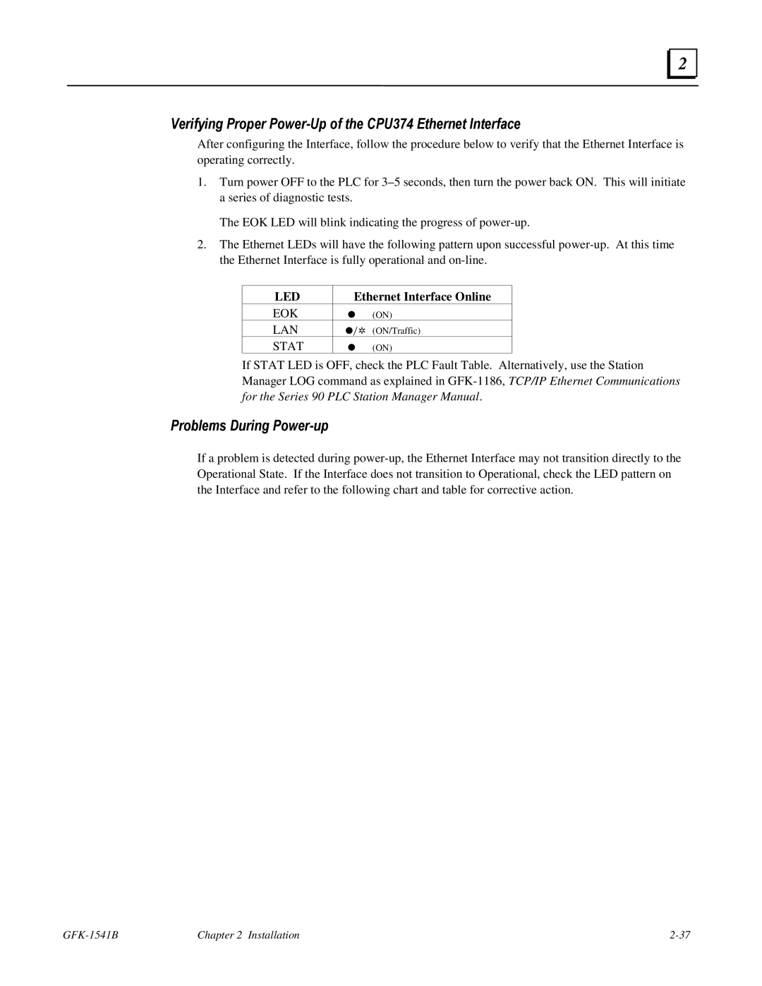 GE GFK-1541B manual Verifying Proper Power-Up of the CPU374 Ethernet Interface, Ethernet Interface Online 