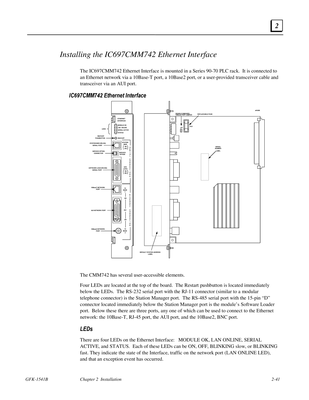 GE GFK-1541B manual Installing the IC697CMM742 Ethernet Interface 