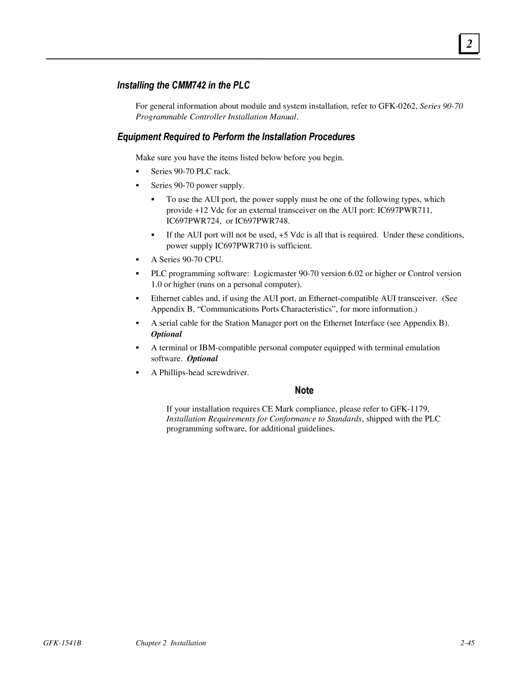 GE GFK-1541B manual Installing the CMM742 in the PLC, Equipment Required to Perform the Installation Procedures 
