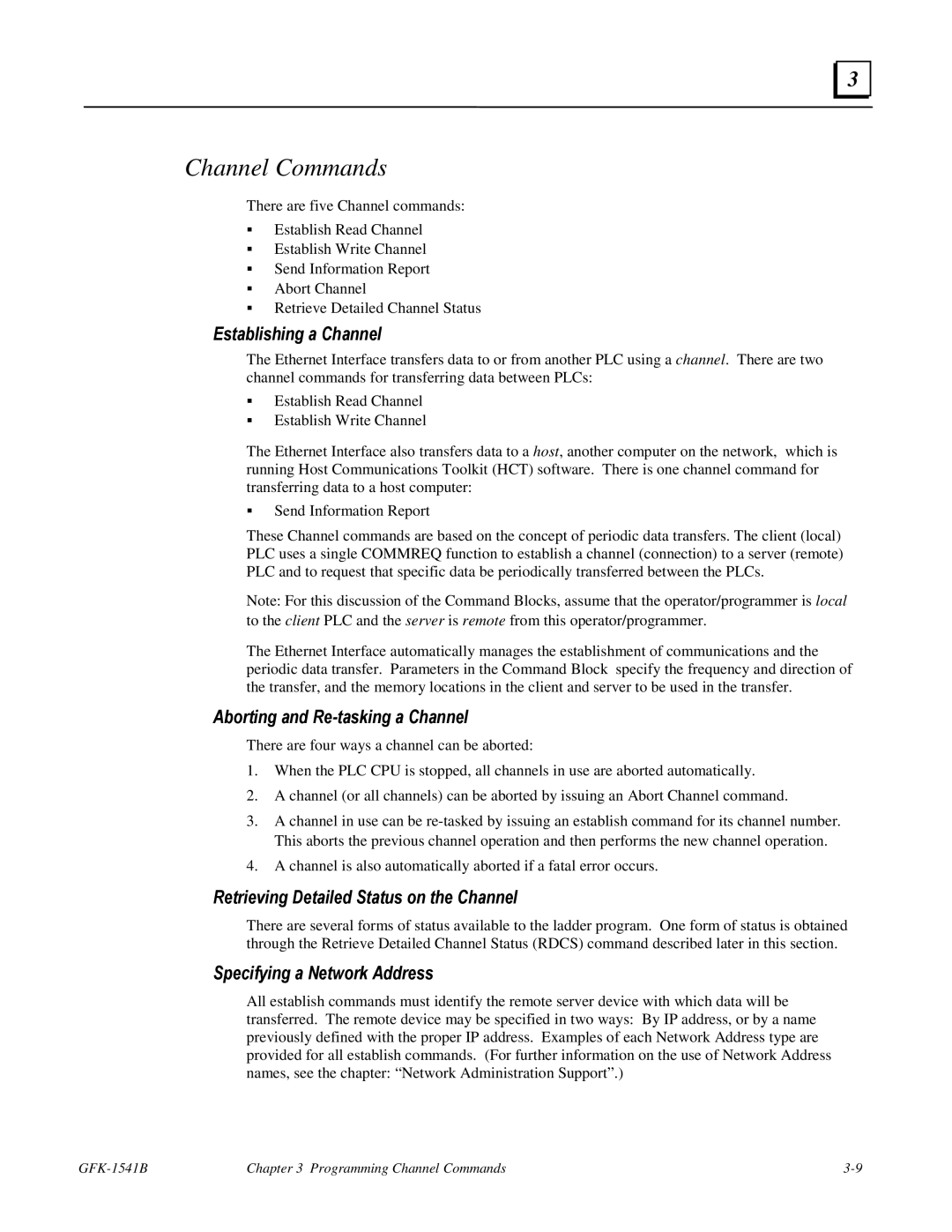 GE GFK-1541B Channel Commands, Establishing a Channel, Aborting and Re-tasking a Channel, Specifying a Network Address 