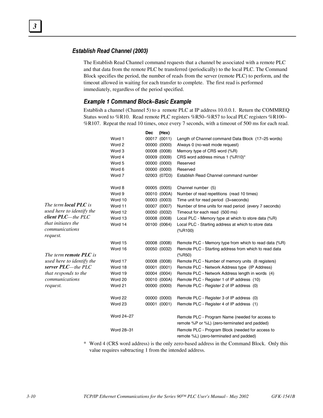 GE GFK-1541B manual Establish Read Channel, Example 1 Command Block-Basic Example 