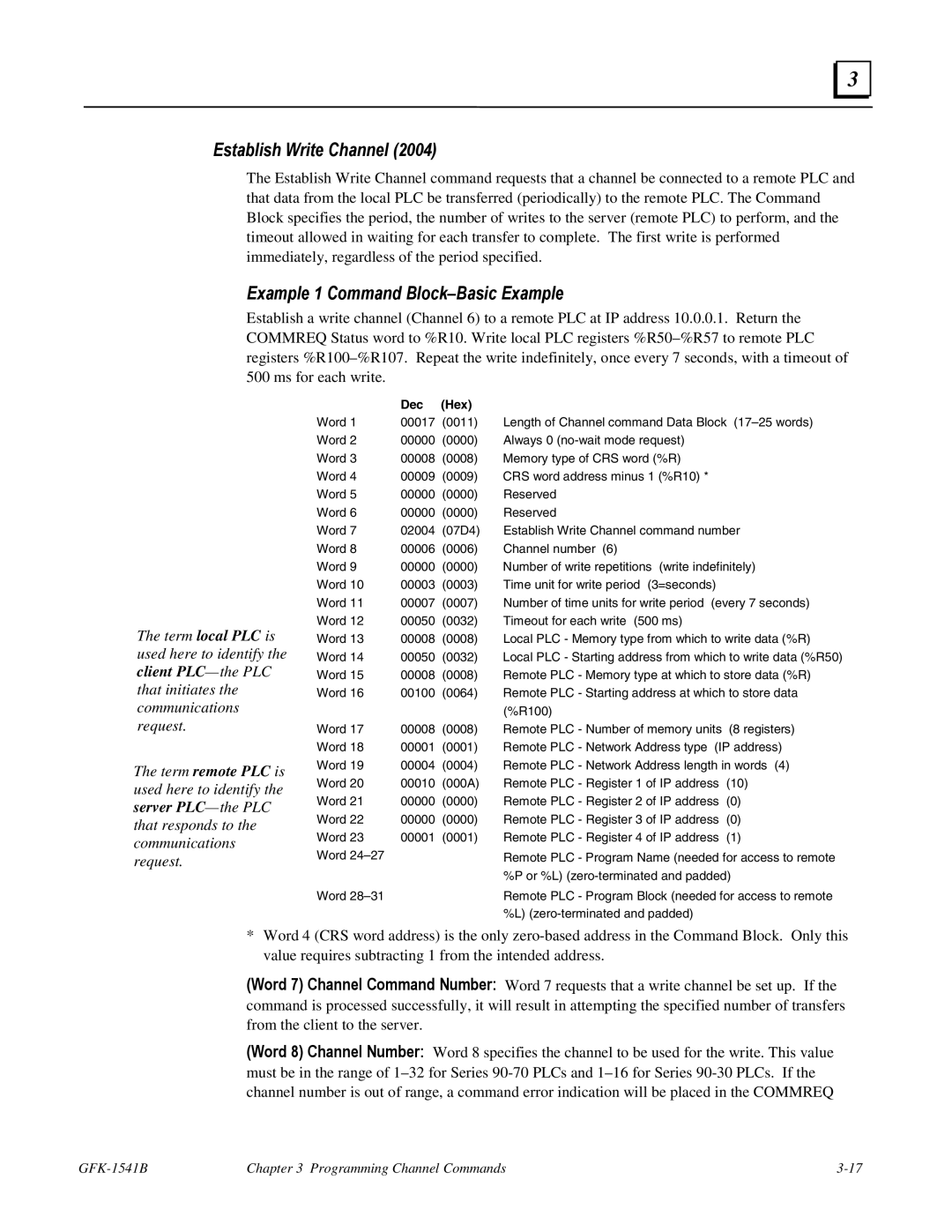 GE GFK-1541B manual Establish Write Channel, Example 1 Command Block-Basic Example 