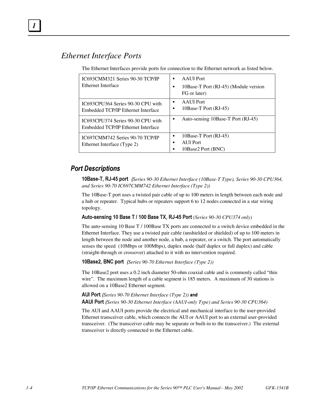 GE GFK-1541B manual Ethernet Interface Ports, Port Descriptions 