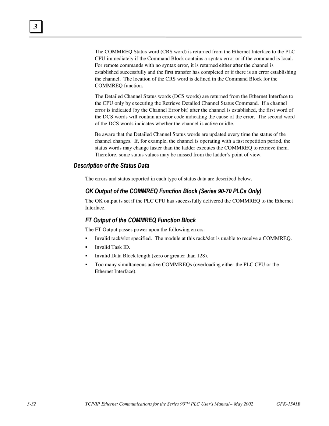 GE GFK-1541B manual Description of the Status Data, FT Output of the Commreq Function Block 