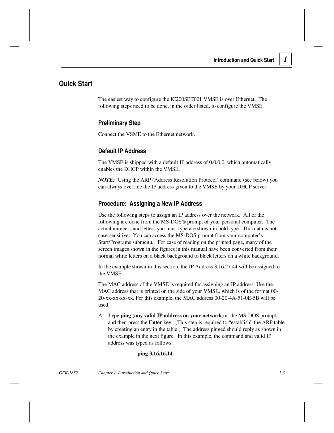 GE GFK-1852 user manual Quick Start, Preliminary Step, Default IP Address, Procedure Assigning a New IP Address 