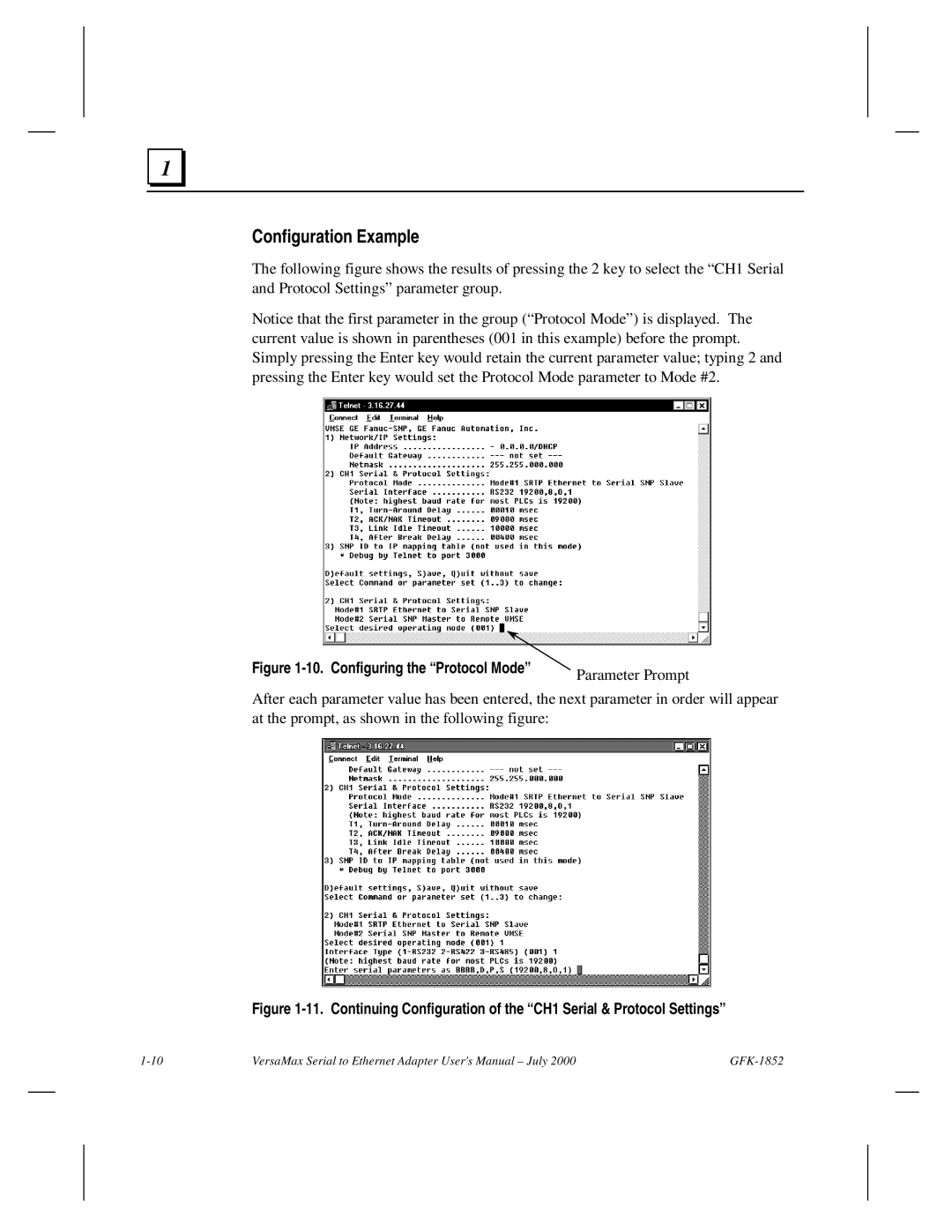 GE GFK-1852 user manual Configuration Example, Parameter Prompt 