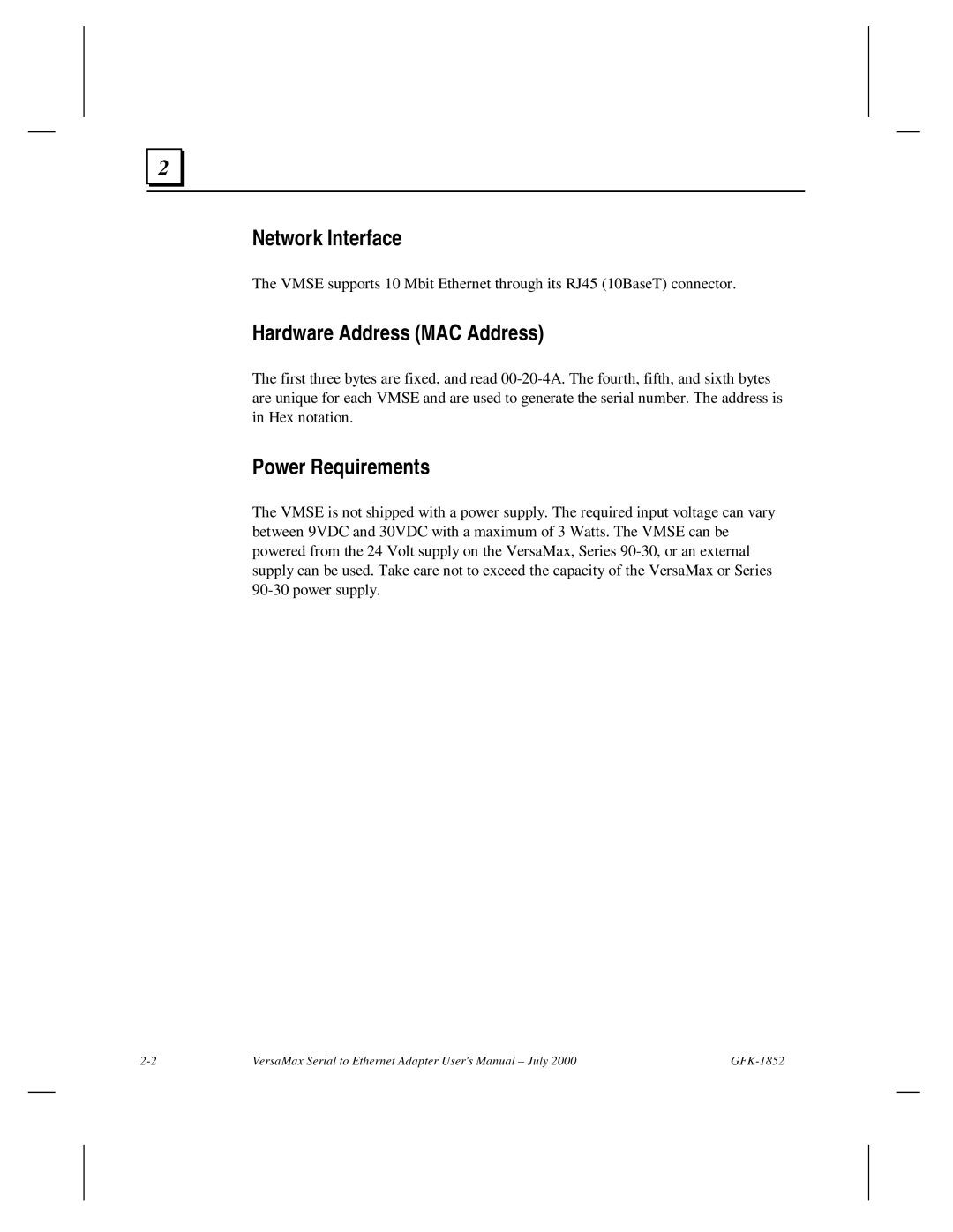 GE GFK-1852 user manual Network Interface, Hardware Address MAC Address, Power Requirements 