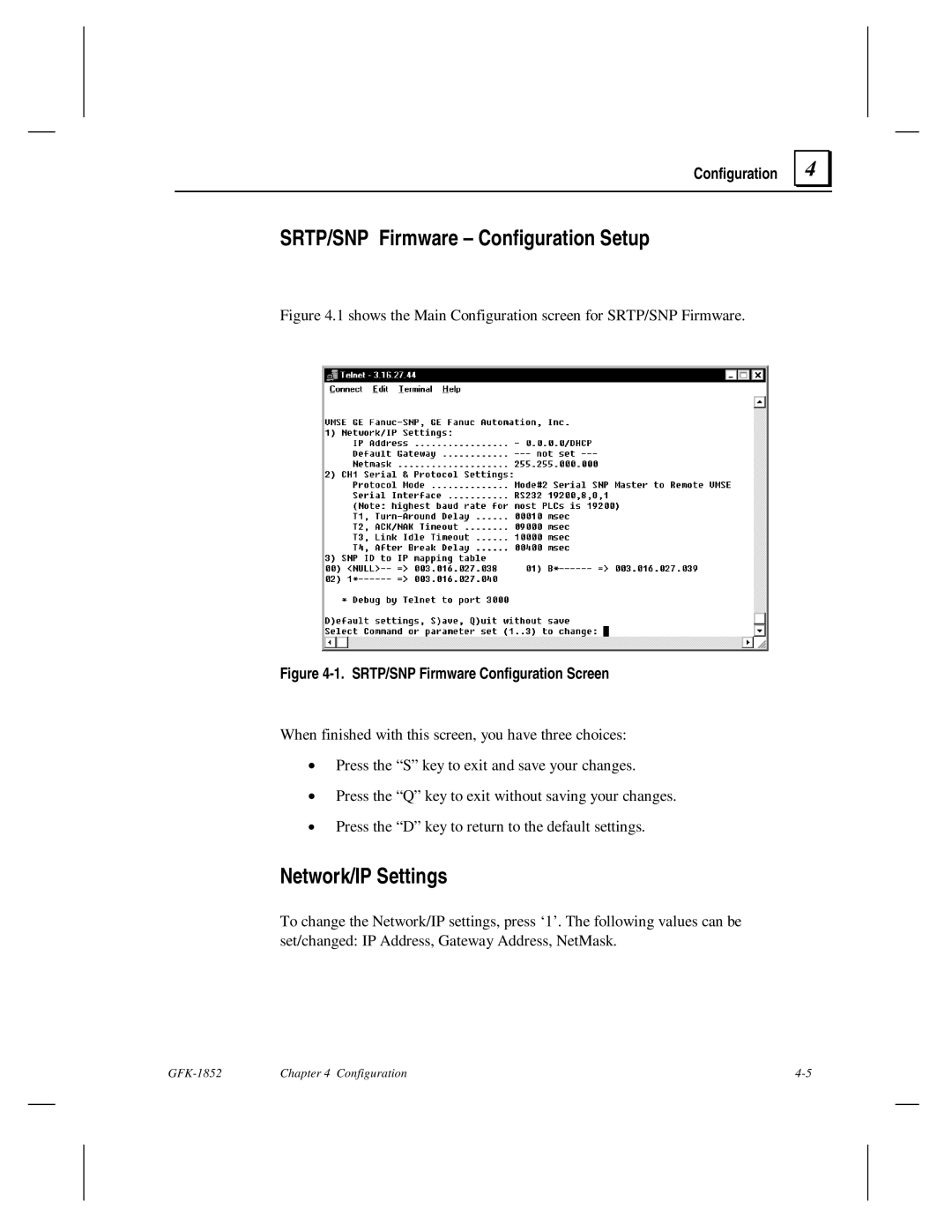 GE GFK-1852 user manual SRTP/SNP Firmware Configuration Setup, Network/IP Settings 