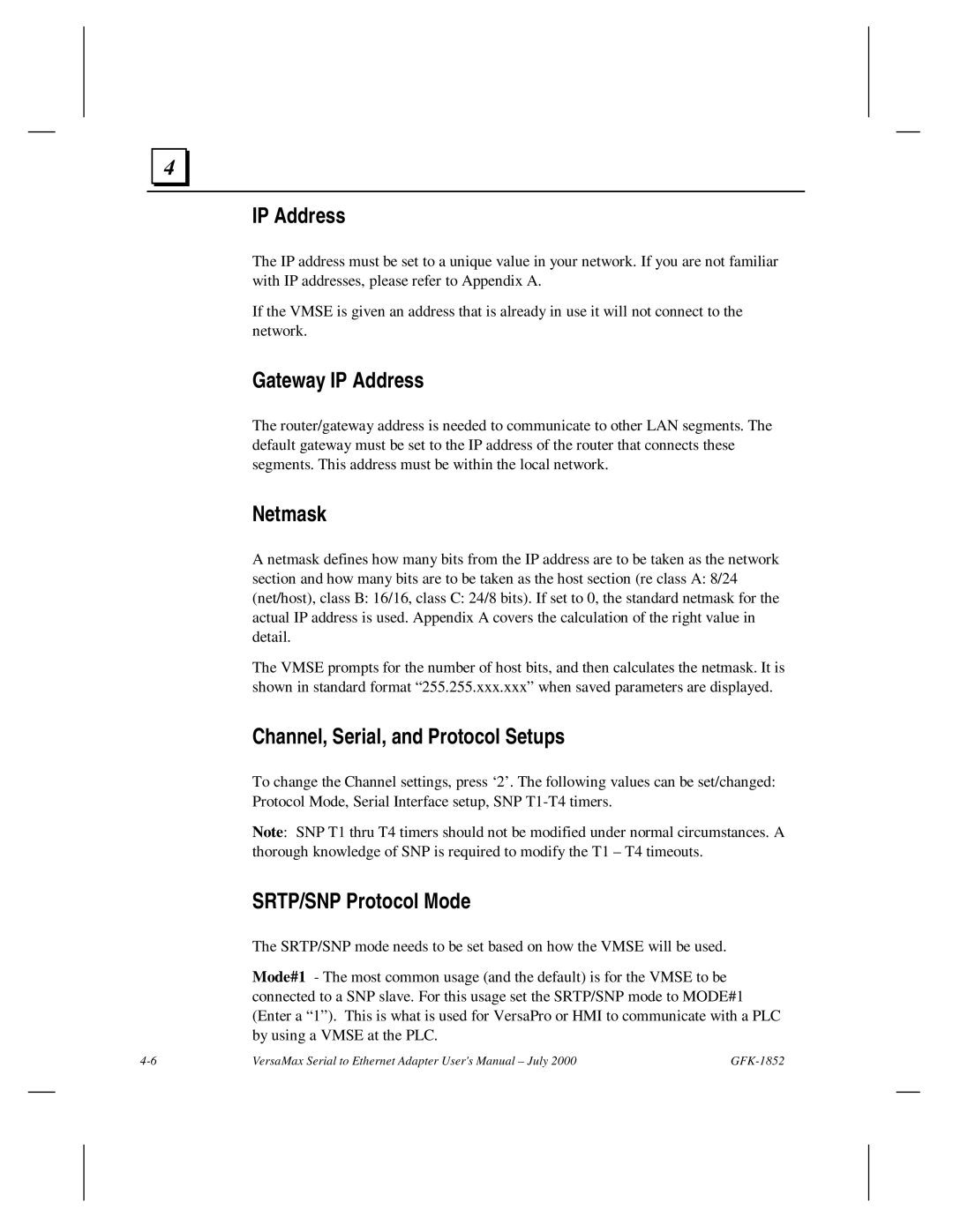 GE GFK-1852 user manual Gateway IP Address, Netmask, Channel, Serial, and Protocol Setups, SRTP/SNP Protocol Mode 