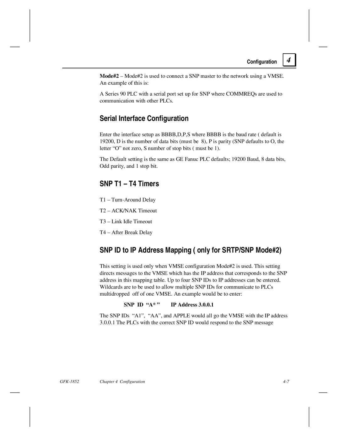 GE GFK-1852 Serial Interface Configuration, SNP T1 T4 Timers, SNP ID to IP Address Mapping only for SRTP/SNP Mode#2 